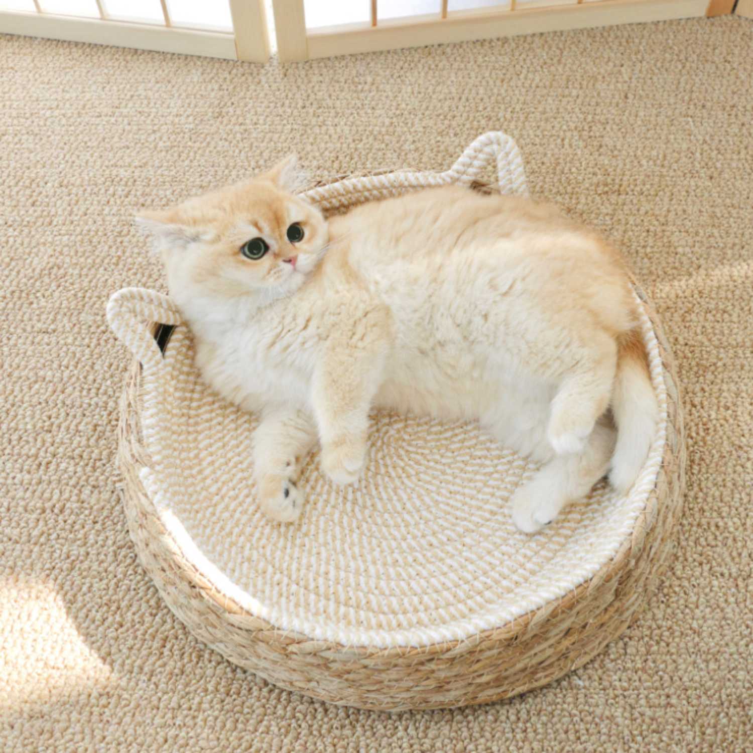 kattenbed groot rattan met katvorm oren en pluche kat